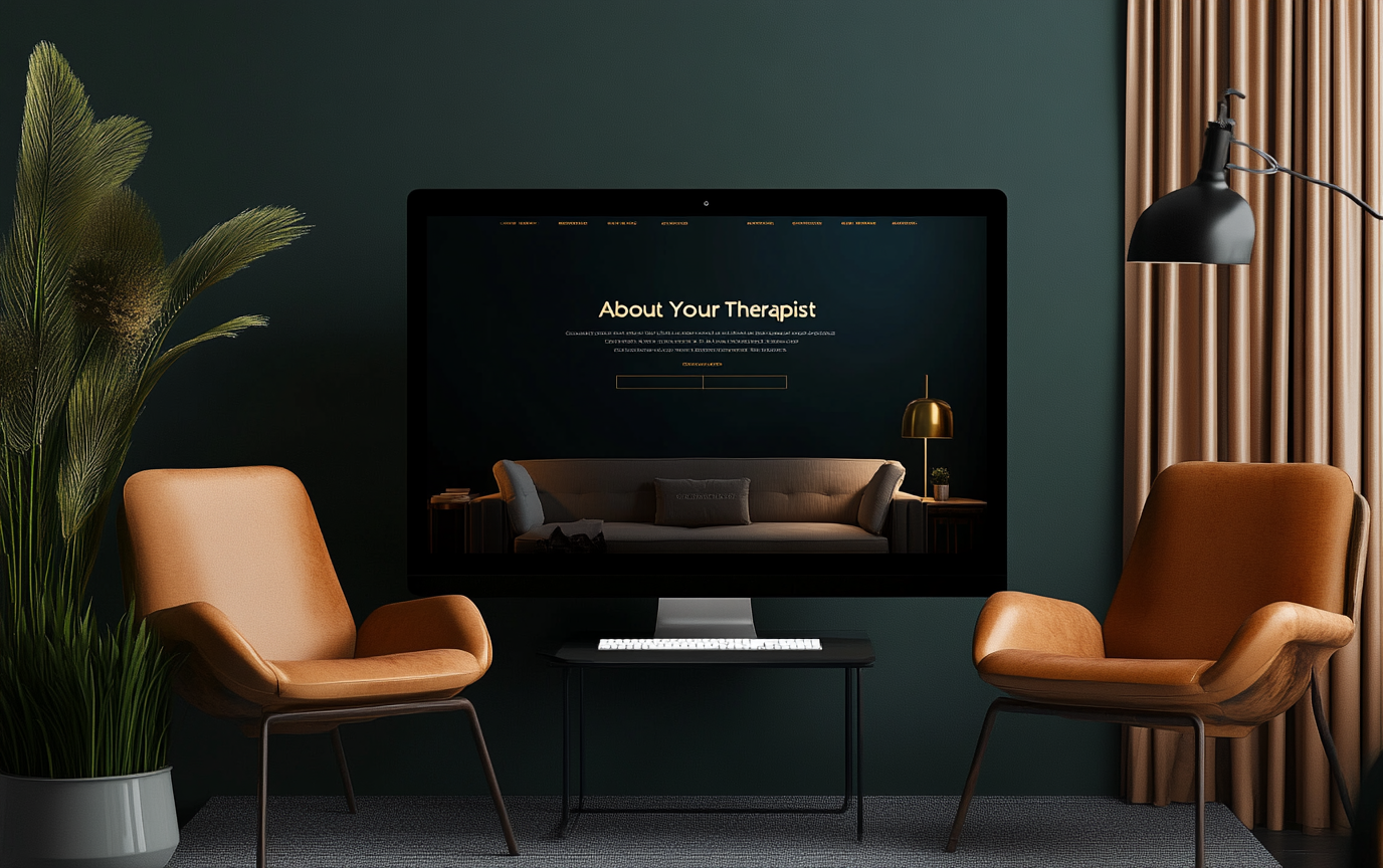Elegant therapy website mockup with two chairs